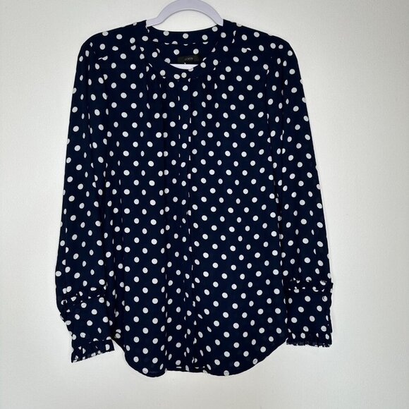 J Crew Polka Dot Blouse M Navy Blue White - Picture 1 of 9
